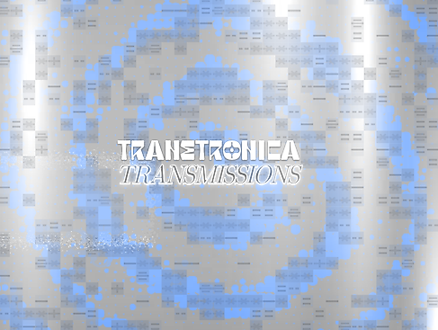 Auf einem grauen hintergrund mit blauem Strudel steht das Logo der Transtronica sowie der Titel Transmissions.