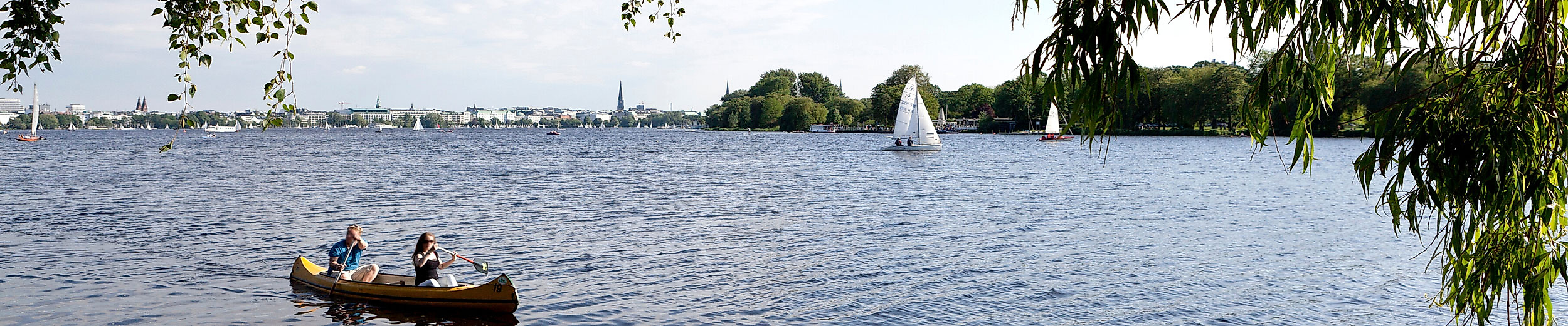 Blick über die Alster mit Segelbooten und Ruderern, eingerahmt von grünen Bäumen – Symbol für nachhaltiges Hamburg.