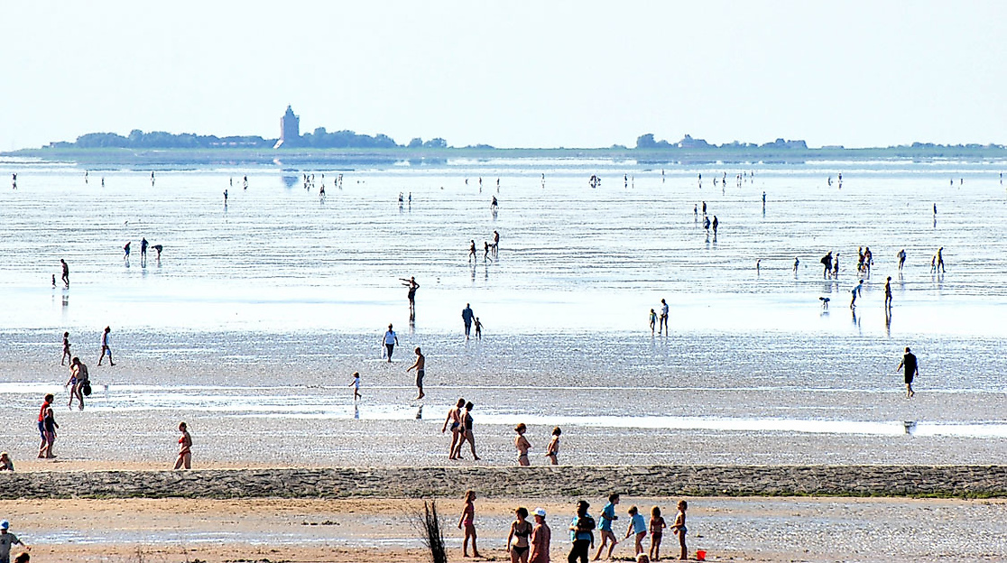 Zahlreiche Menschen beim Baden vor Neuwerk, im Hintergrund die Insel und ein Leuchtturm