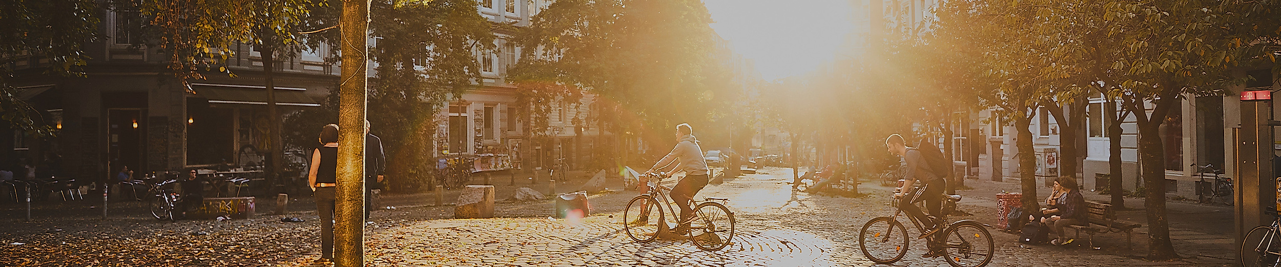 Hein-Köllisch-Platz in Hamburg bei Sonnenaufgang, mit Laubbäumen und Herbstlaub auf dem Pflaster