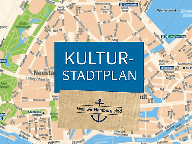 Deckblatt des Kulturstadtplans mit stilisierter Hamburg-Karte und Schriftzug „Kulturstadtplan Hamburg“