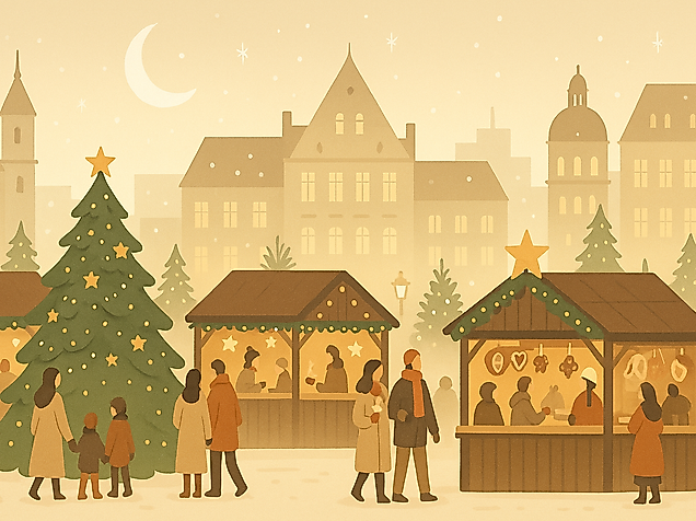 Weihnachtlicher Marktplatz bei Dämmerung