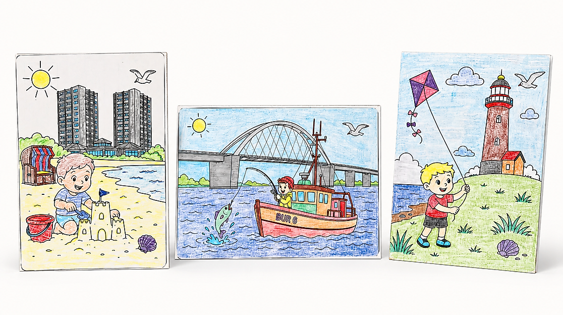 Bunte Kinderzeichnungen am Meer