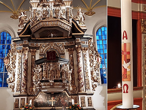 Altar der Schloßkirche und Taufkerze