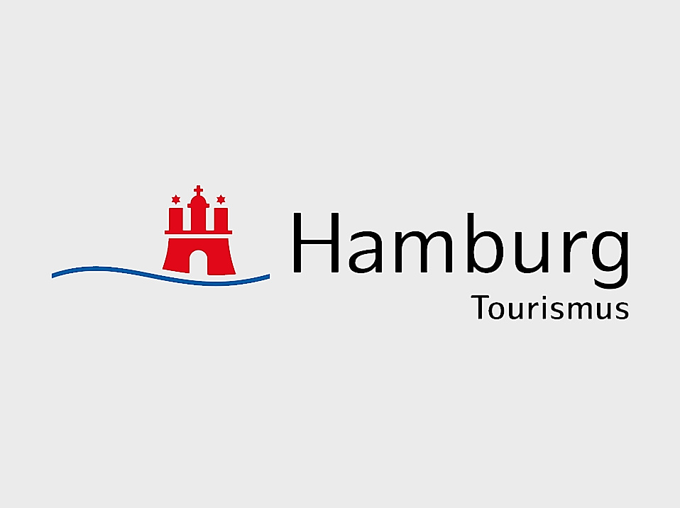 Logo der Hamburg Tourismus GmbH mit stilisiertem roten Tor und blauem Schriftzug