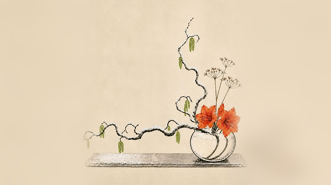 Winterzweige: Ikebana-Tuschezeichnung