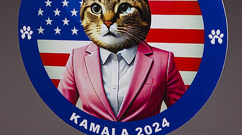 US Wahlkampfschild »Cat Ladies for Kamala 2024«, Hersteller: LifeSizeCustomCutouts, USA, 2024, Inv. Nr. 2025.18:1.