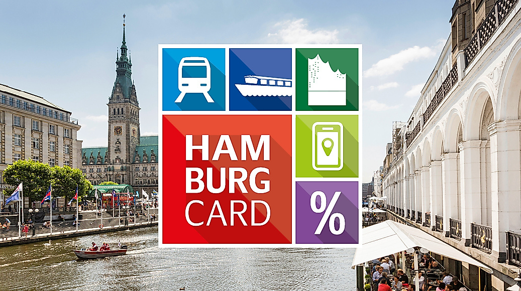 Hamburg CARD Logo im Hintergrund das Hamburger Rathaus