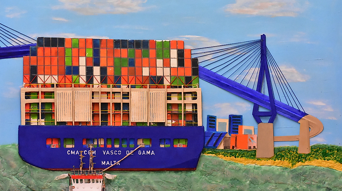 Mega Containerschiff elbaufwärts