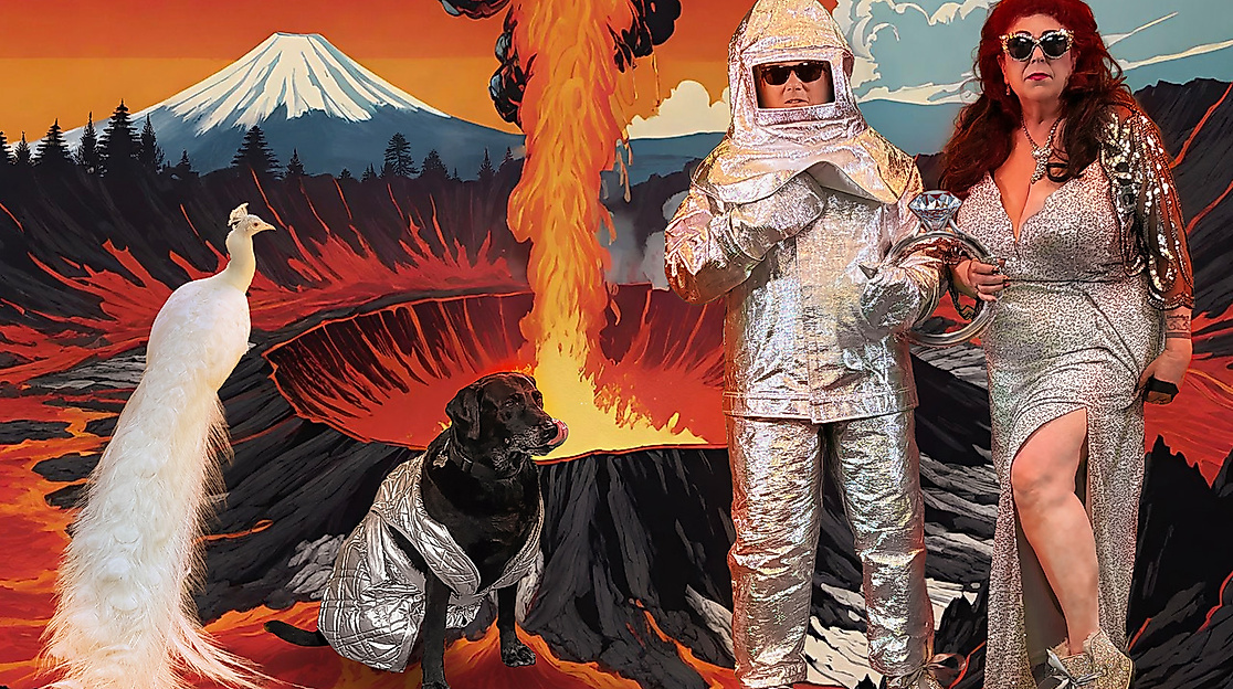 Two people in space outfits stand together with a dog and a white peacock in front of an illustrated background. This shows a natural landscape with a mountain, trees, and an erupting volcano.