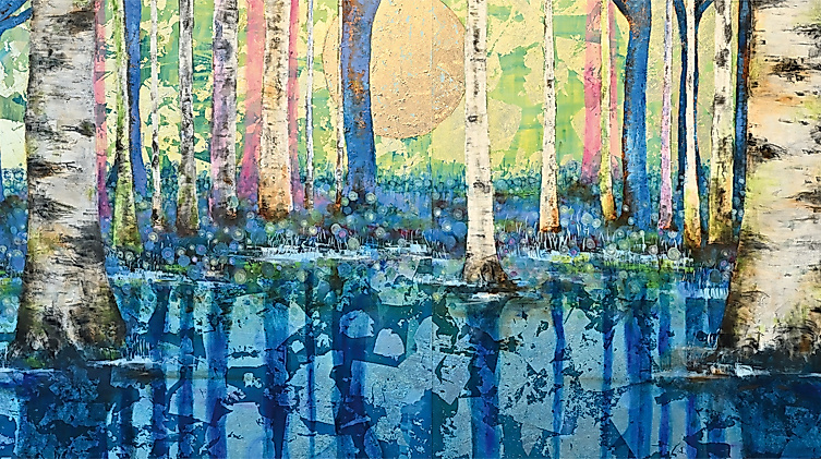 'am-wasser' Ölfarbe und Platingold auf Holz - 300 x 100 cm