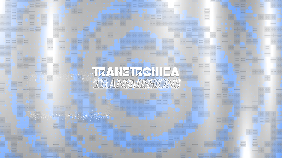 Auf einem grauen hintergrund mit blauem Strudel steht das Logo der Transtronica sowie der Titel Transmissions.