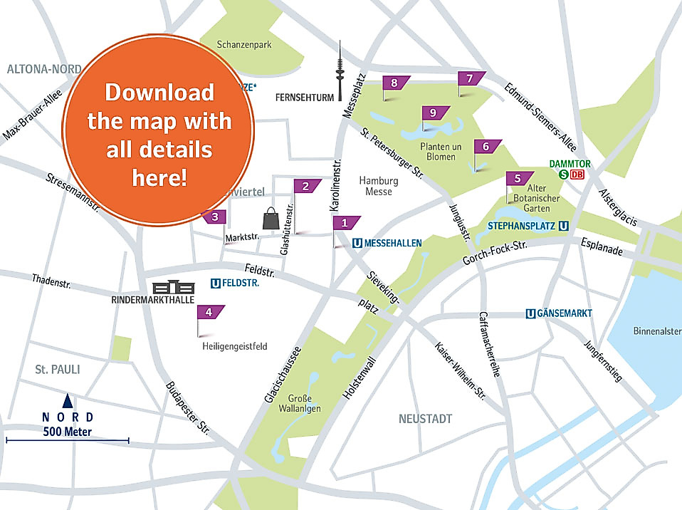 Map of the Trend Route through Hamburg’s creative Karoviertel with highlights, shops, and cultural spots
