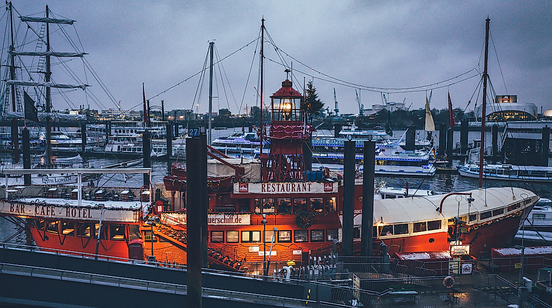Festively lit lightship in Hamburg during the Christmas season
