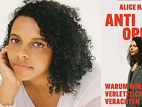 Alice Hasters schaut, den Kopf auf die Hand gestützt, direkt in die Kamera. Nebendran das Buchcover von »Anti Opfer«.