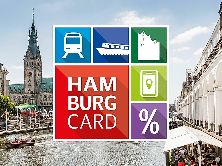 Hamburg CARD Logo im Hintergrund das Hamburger Rathaus
