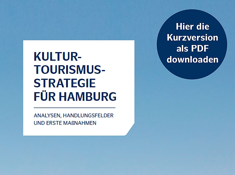 Cover der Kultur-Tourismus-Strategie Hamburg mit Button „Kurzversion als PDF herunterladen“ vor blauem Hintergrund