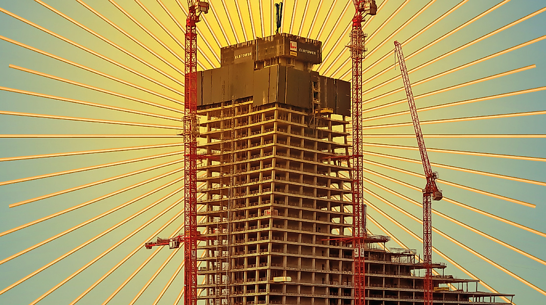 A graphic of a ruined building: Hamburg's Elbtower stands in front of a bridge, surrounded by cranes. It is framed by golden-yellow rays.