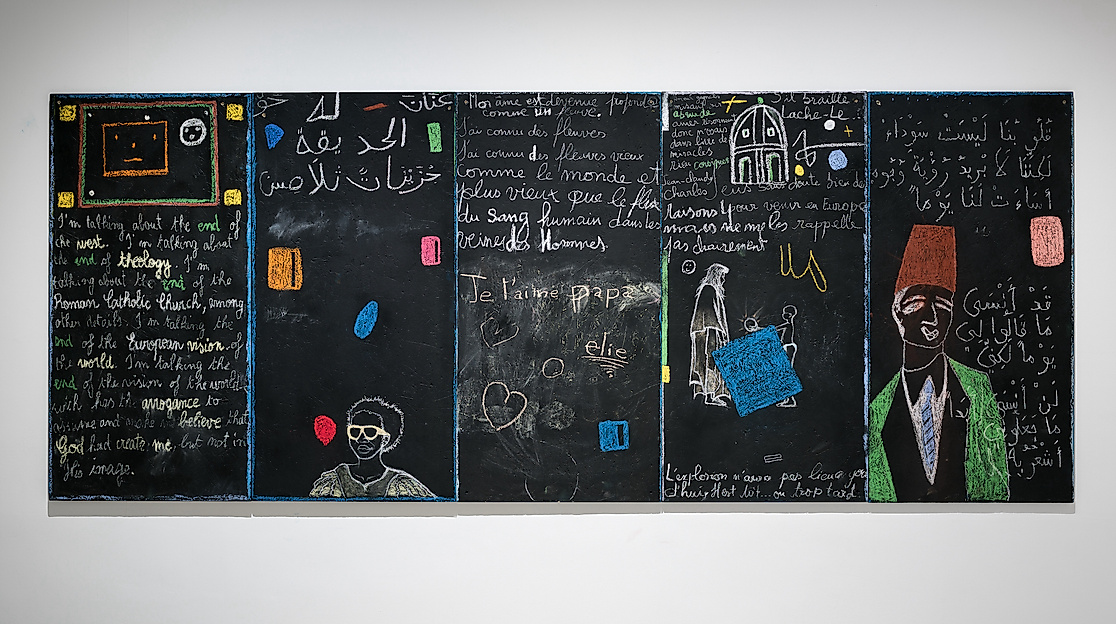 Hamedine Kane, »Tableau d'ecolier«, 2024, Kreide auf Blackboard (5 Tafeln), je 100 x 60 cm