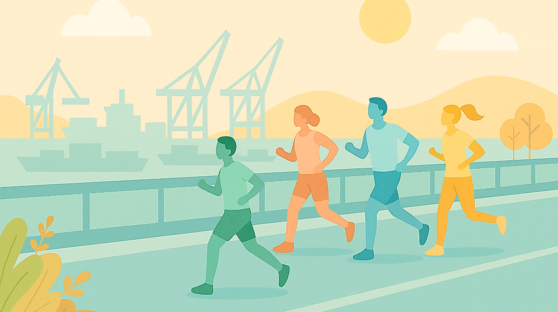 Läufer über Brücke im Hafen ChatGPT