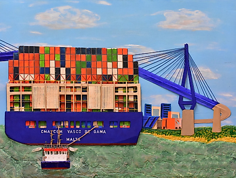 Mega Containerschiff elbaufwärts