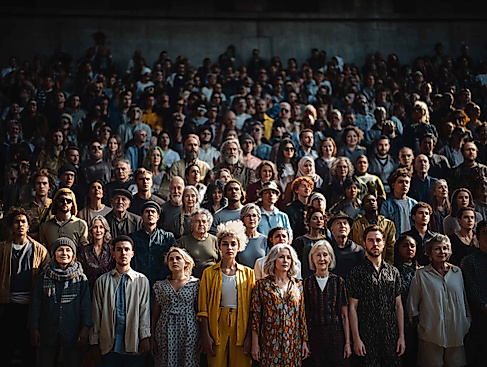 Eine Menschenmenge die in die Kamera schaut