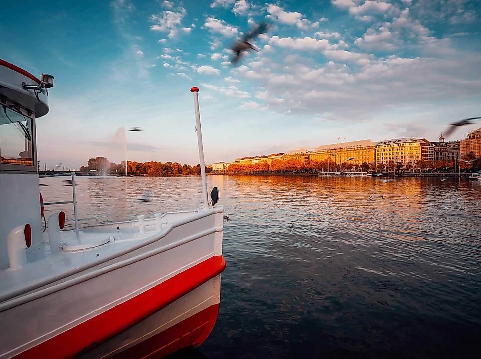 Boot auf der Alster bei Sonnenuntergang mit Möwen und herbstlich beleuchtetem Ufer in Hamburg