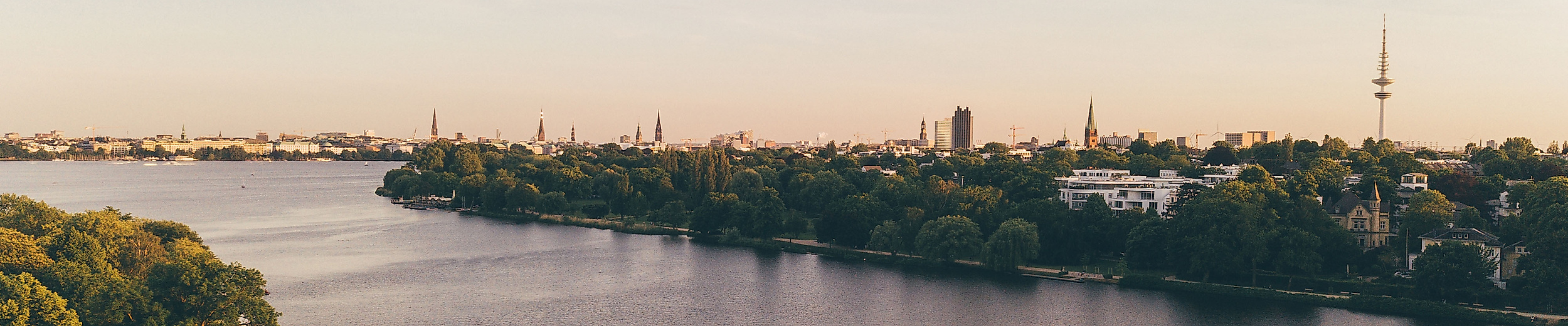 anoramablick über die Außenalster in Hamburg mit Segelbooten, grünen Ufern und Skyline im Abendlicht