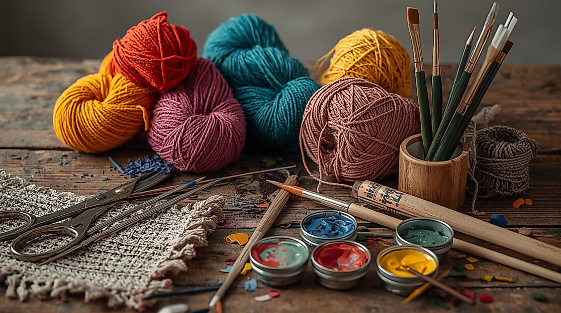 Erstelle ein Bild mit verschiedenen Handarbeitsmaterialien, wie Scheren, Garn, Nadeln, Pinsel, Farben und weiteren, die auf einem Holztisch liegen mit hellem, neutralen Hintergrund.(1)