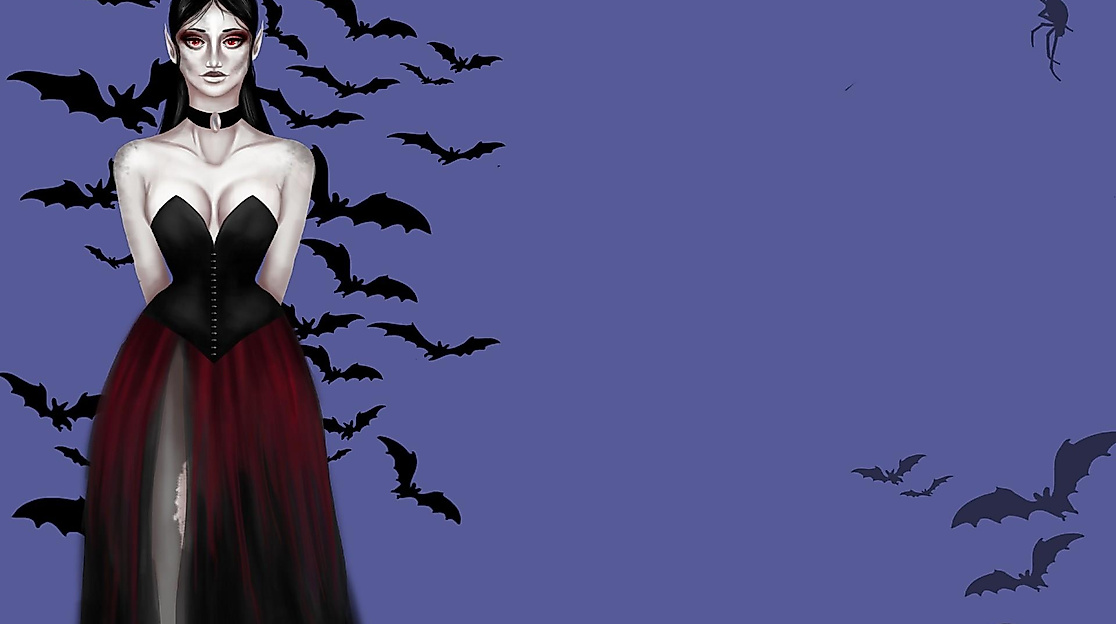 eine Vampirin steht vor einem Schwarm Fledermäuse
