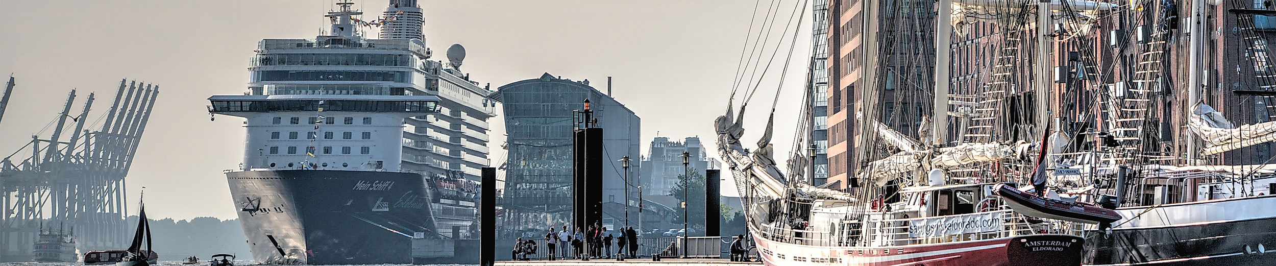 Kreuzfahrtschiff am Cruise Center Altona vor Hamburger Skyline mit Elbphilharmonie und Hafenanlagen