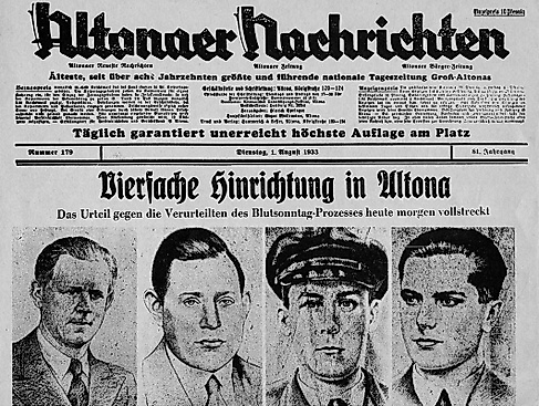 Zeitungsseite Altonaer Nachrichten 1933. Vierfache Hinrichtung in Altona