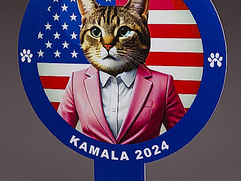 US Wahlkampfschild »Cat Ladies for Kamala 2024«, Hersteller: LifeSizeCustomCutouts, USA, 2024, Inv. Nr. 2025.18:1.