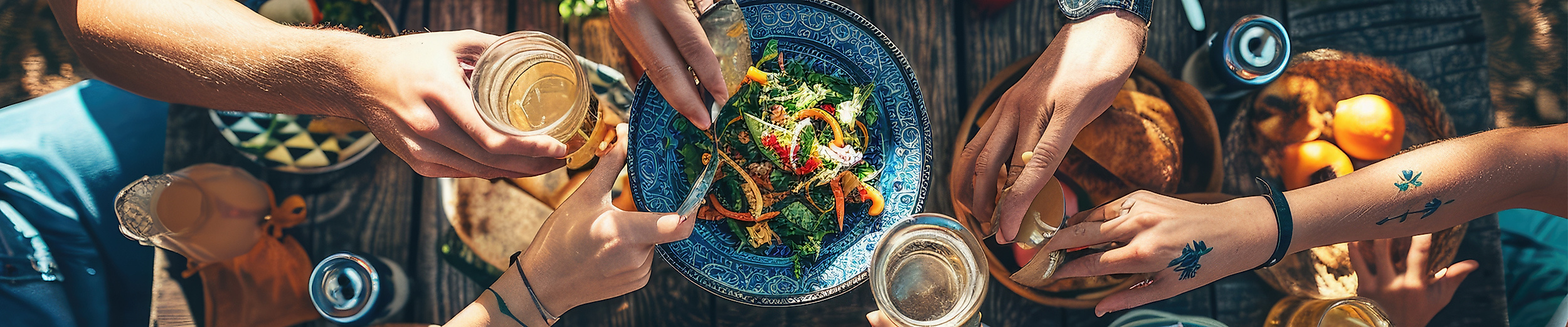 Gedeckter Tisch mit Menschen, die essen und Trinken aus der Vogelperspektive