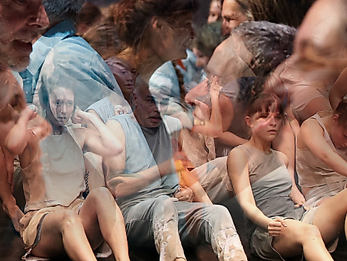 Three photos of different groups of people are transparently superimposed. Some are smiling at each other, some are sitting, some are close-ups of faces.