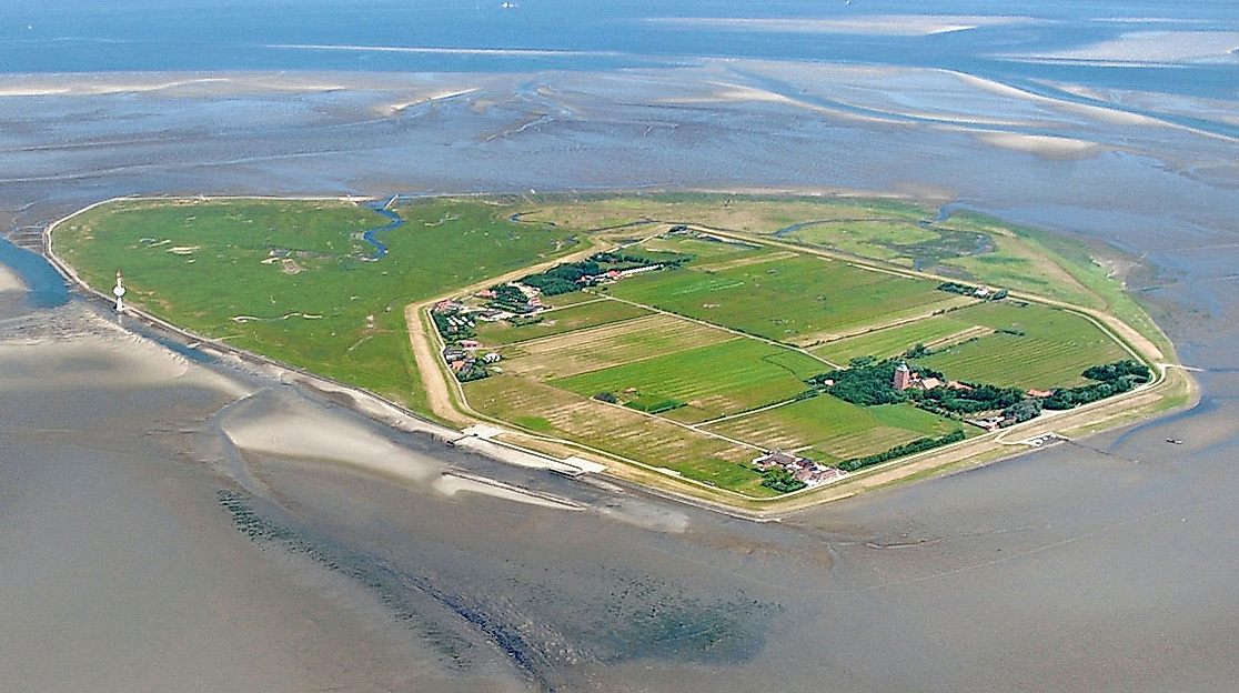 Insel Neuwerk im Wattenmeer aus der Luft mit grüner Deichlinie, Wiesen und umgebenden Schlickflächen bei Ebbe.