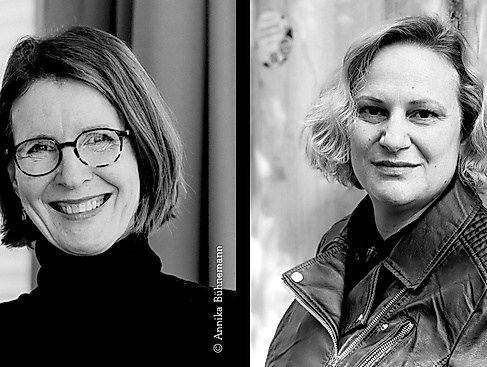 Collage of two black-and-white portrait photos of two middle-aged women. Both have chin-length hair, one wears glasses and a dark turtleneck. The other has light curls and wears a dark leather jacket.