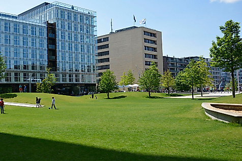 Sandtorpark in der HafenCity mit breiten Wegen, grüner Rasenfläche und moderner Architektur bei Sonnenschein.