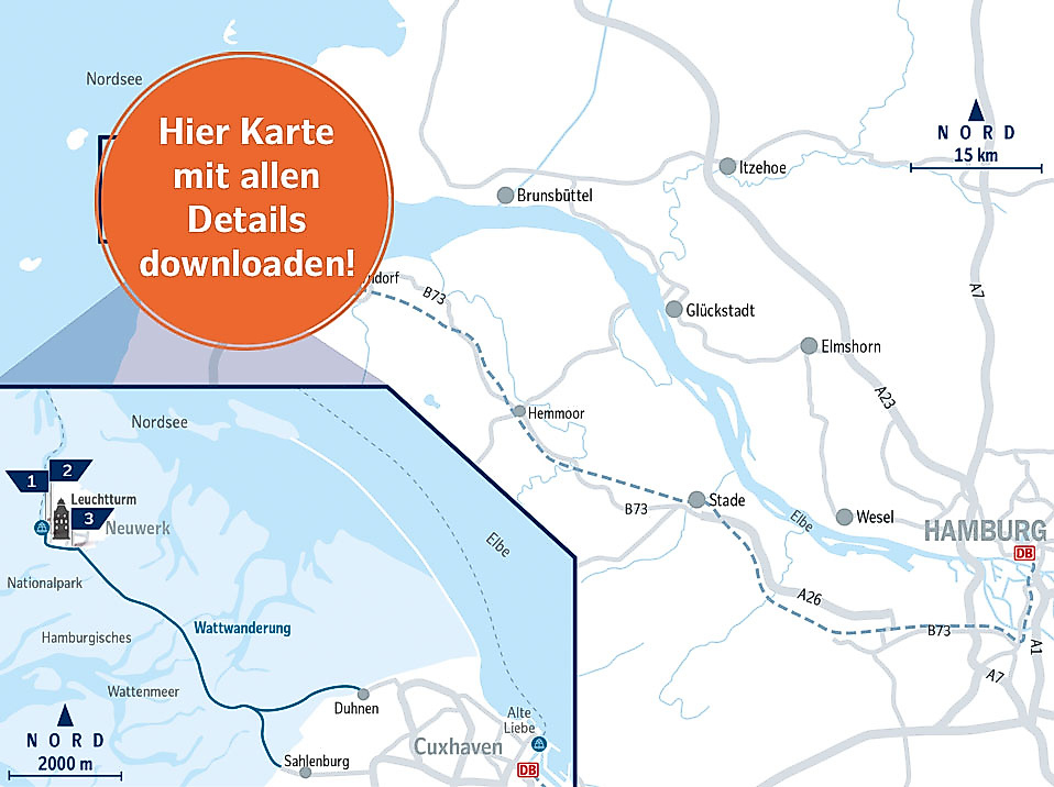 Karte der Nordsee-Route auf der Insel Neuwerk mit Wattwegen, Aussichtspunkten und maritimen Stationen