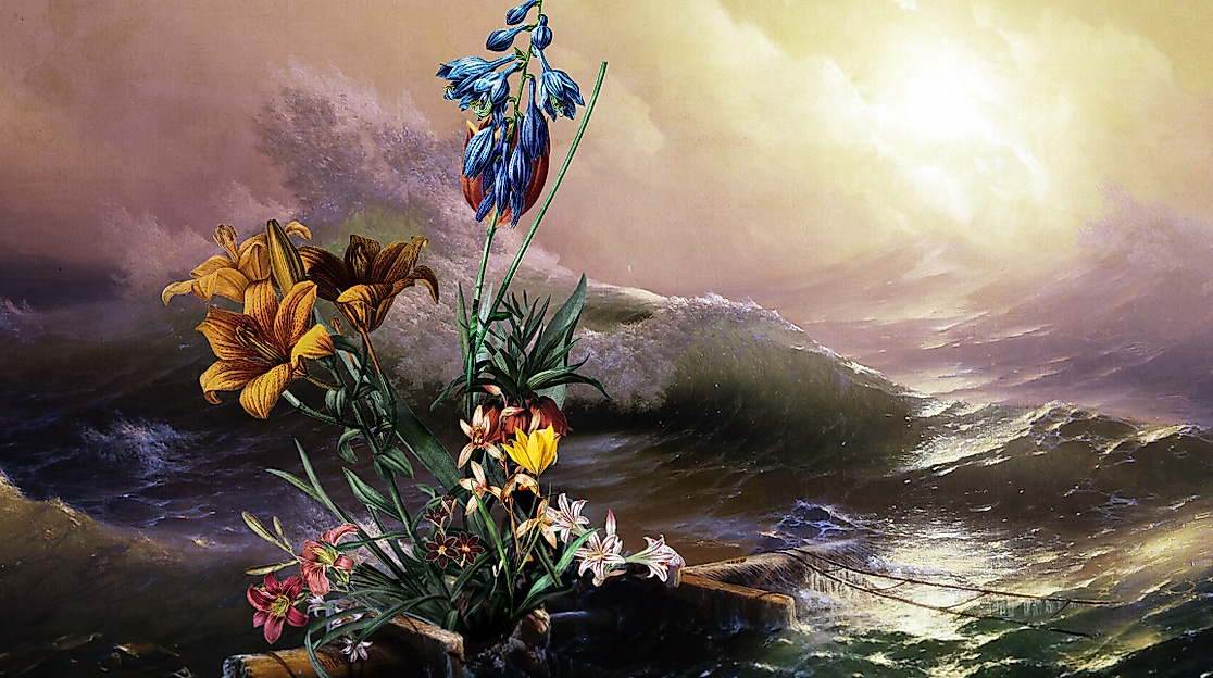 Various flowers float on a piece of wood in stormy water.