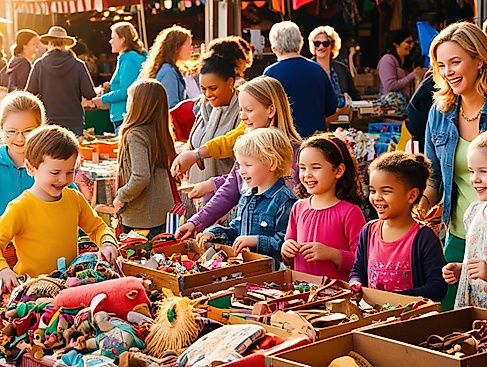 Flohmarkt mit Kindern und Erwachsenen