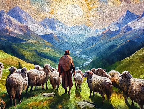 Hirte auf dem Felsen bei Sonnenaufgang