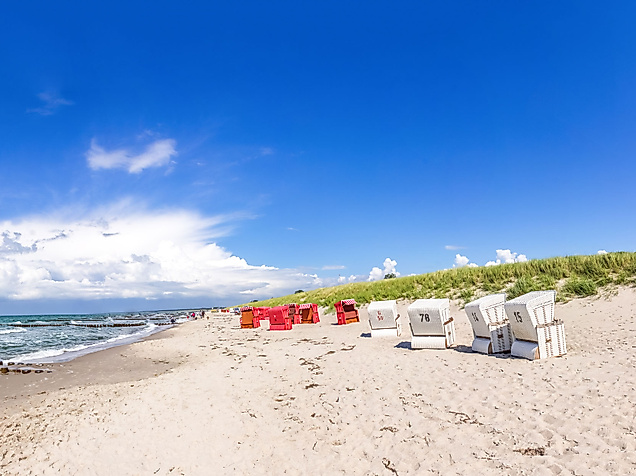 Panorama vom Ostseestrand in Ahrenshoop mit Strandkörben, Dünen und weitem Himmel bei Sonnenschein