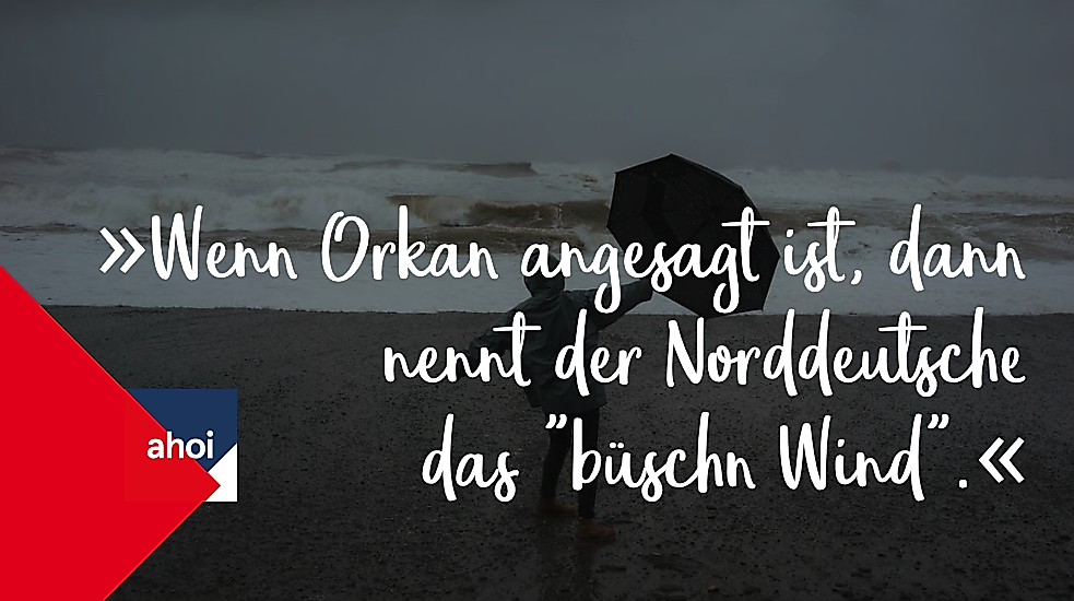 Bei Orkan am Meer mit Regenschirm