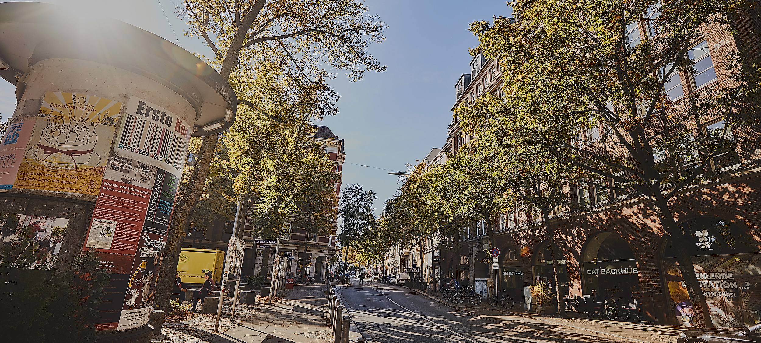 Belebte Lange Reihe in Hamburg-St. Georg bei Sonnenschein, mit Straßencafés, Passant:innen und herbstlichen Bäumen