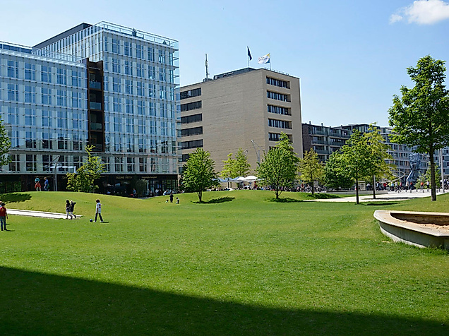 Sandtorpark in der HafenCity mit breiten Wegen, grüner Rasenfläche und moderner Architektur bei Sonnenschein.