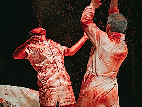 Excerpt from the performance Blood Show by Ocean Hester Stefan Chillingworth. Two performers are shown in close-up.