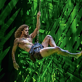 Terence van der Loo als Tarzan schwingt sich an einer Liane durch den Urwald