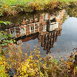 Spiegelung des Bergedorfer Schlosses im Wassergraben, umrahmt von herbstlicher Vegetation in Hamburg-Bergedorf.