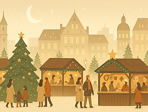 Weihnachtlicher Marktplatz bei Dämmerung - Mit KI generiertes Bild.